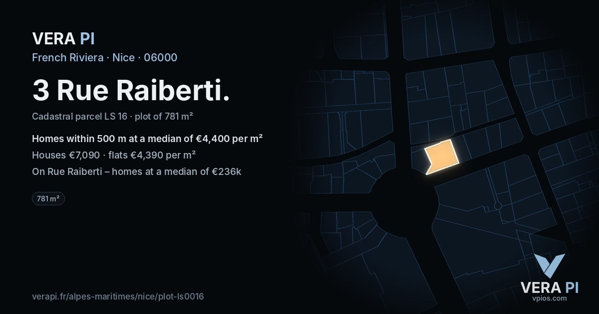 3 Rue Raiberti, Nice at night – the plot lit, the parcels around coloured by the prices near them