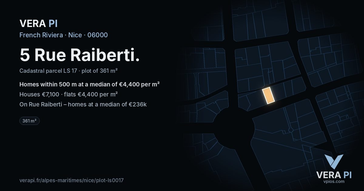 5 Rue Raiberti, Nice at night – the plot lit, the parcels around coloured by the prices near them