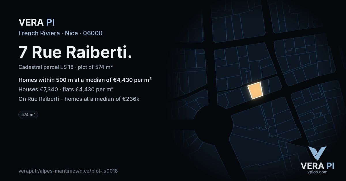 7 Rue Raiberti, Nice at night – the plot lit, the parcels around coloured by the prices near them