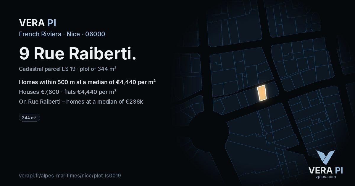9 Rue Raiberti, Nice at night – the plot lit, the parcels around coloured by the prices near them