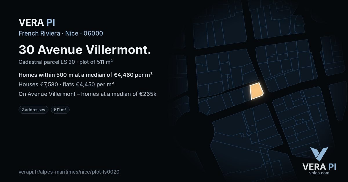 30 Avenue Villermont, Nice at night – the plot lit, the parcels around coloured by the prices near them