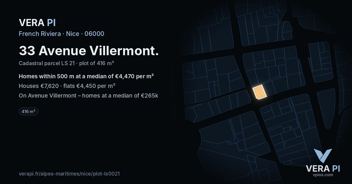 33 Avenue Villermont, Nice at night – the plot lit, the parcels around coloured by the prices near them