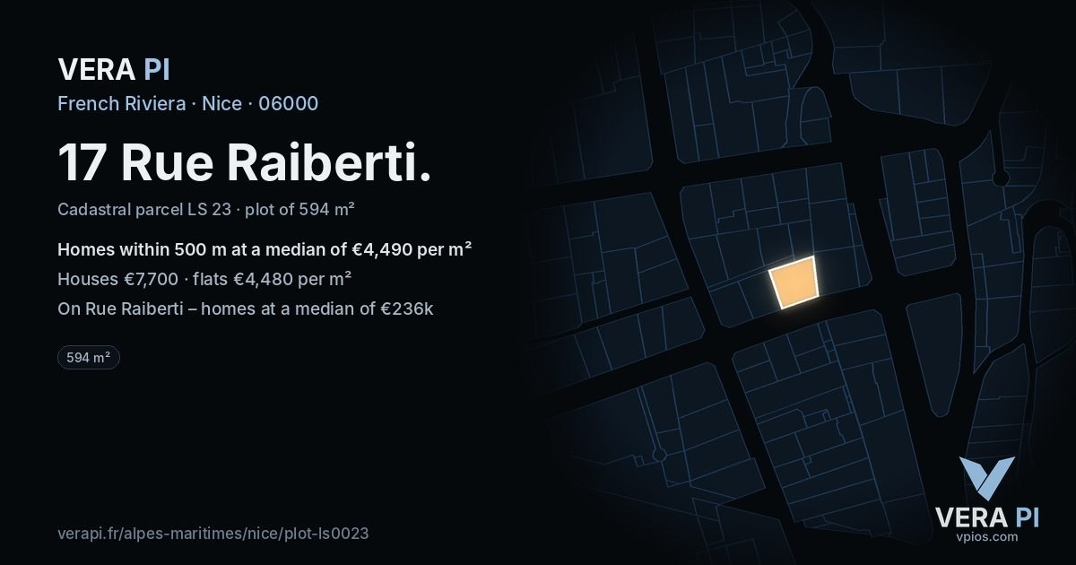 17 Rue Raiberti, Nice at night – the plot lit, the parcels around coloured by the prices near them