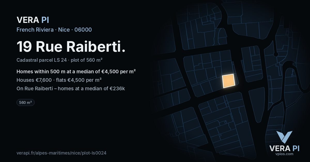 19 Rue Raiberti, Nice at night – the plot lit, the parcels around coloured by the prices near them