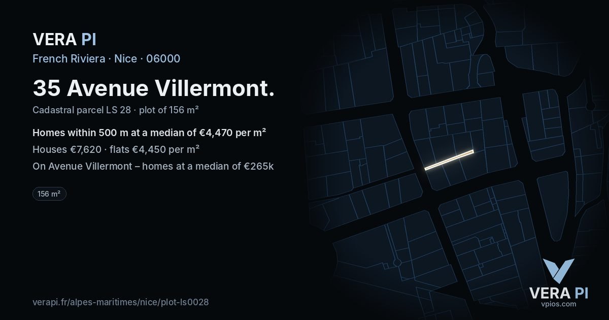 35 Avenue Villermont, Nice at night – the plot lit, the parcels around coloured by the prices near them