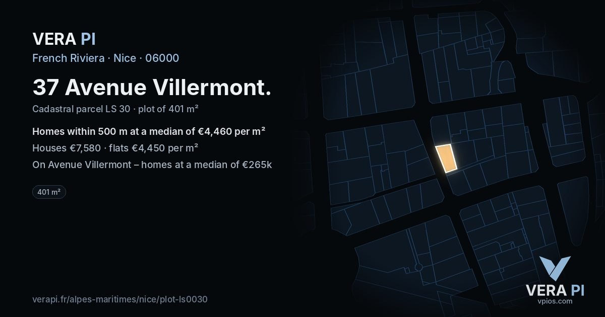 37 Avenue Villermont, Nice at night – the plot lit, the parcels around coloured by the prices near them
