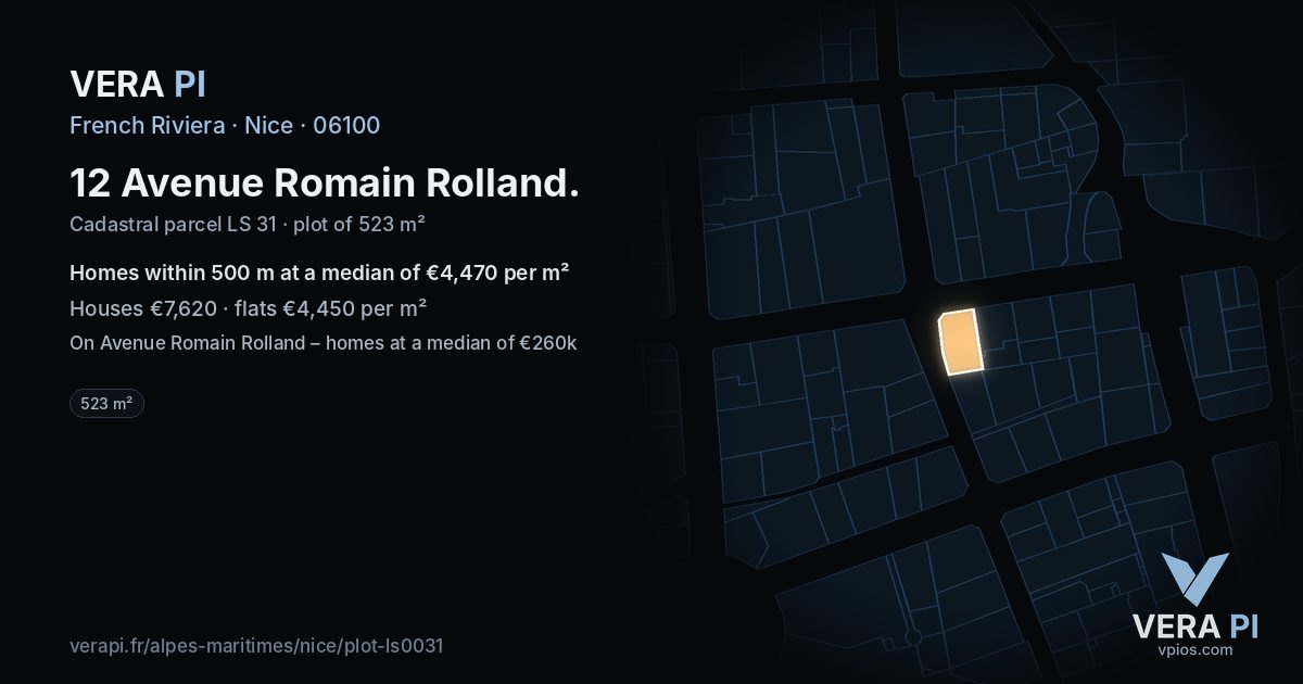 12 Avenue Romain Rolland, Nice at night – the plot lit, the parcels around coloured by the prices near them