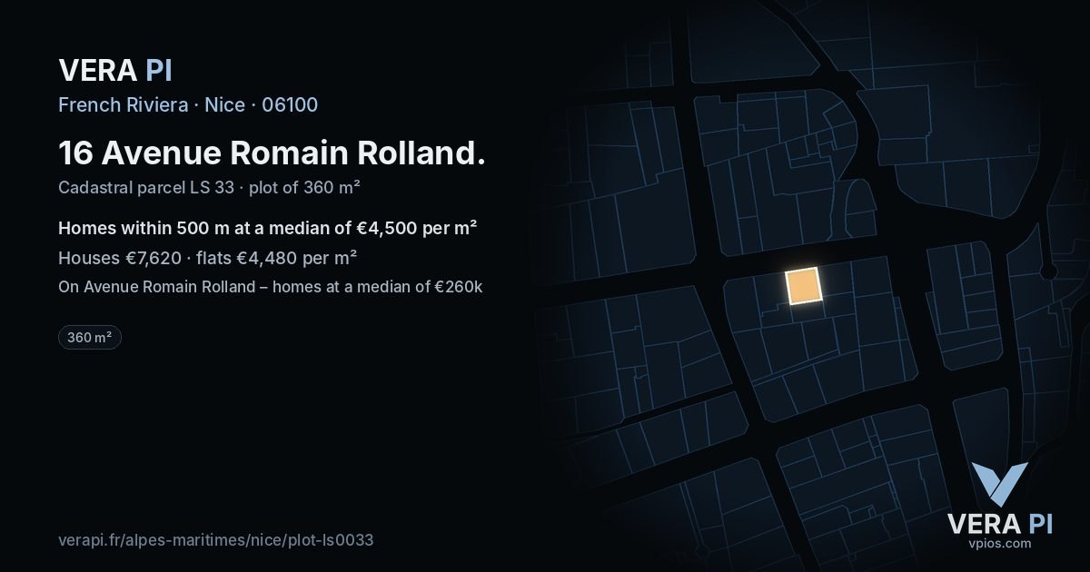 16 Avenue Romain Rolland, Nice at night – the plot lit, the parcels around coloured by the prices near them