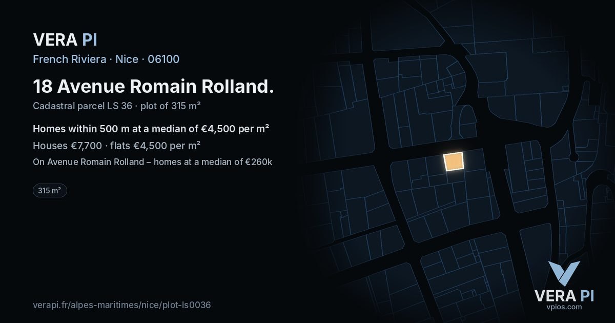 18 Avenue Romain Rolland, Nice at night – the plot lit, the parcels around coloured by the prices near them