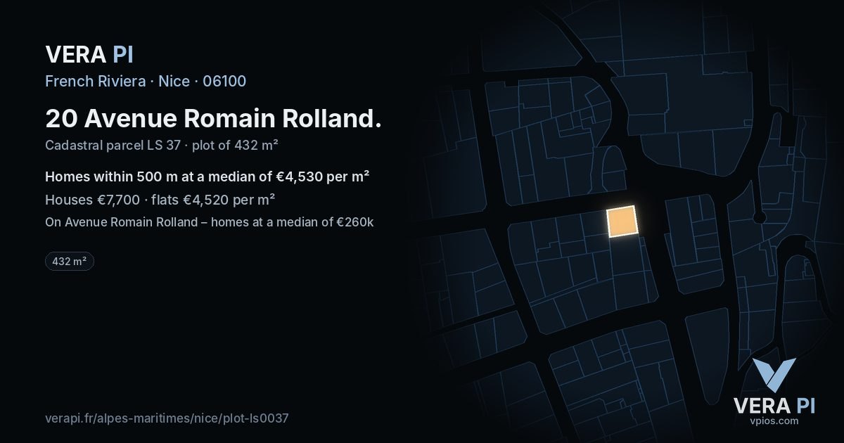 20 Avenue Romain Rolland, Nice at night – the plot lit, the parcels around coloured by the prices near them