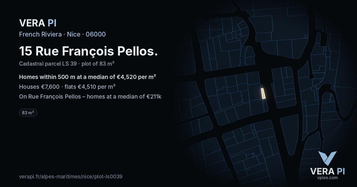 15 Rue François Pellos, Nice at night – the plot lit, the parcels around coloured by the prices near them