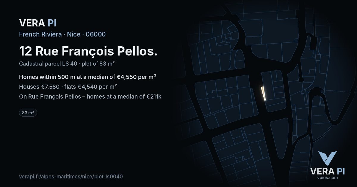 12 Rue François Pellos, Nice at night – the plot lit, the parcels around coloured by the prices near them