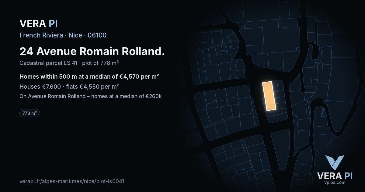24 Avenue Romain Rolland, Nice at night – the plot lit, the parcels around coloured by the prices near them
