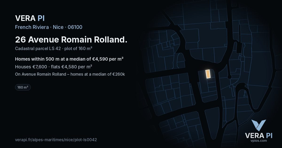 26 Avenue Romain Rolland, Nice at night – the plot lit, the parcels around coloured by the prices near them