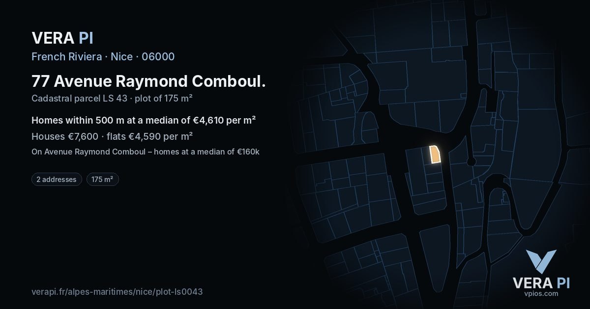 77 Avenue Raymond Comboul, Nice at night – the plot lit, the parcels around coloured by the prices near them