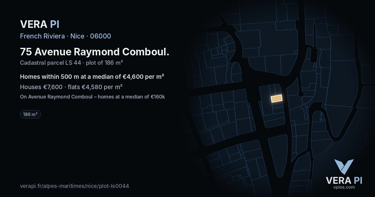 75 Avenue Raymond Comboul, Nice at night – the plot lit, the parcels around coloured by the prices near them