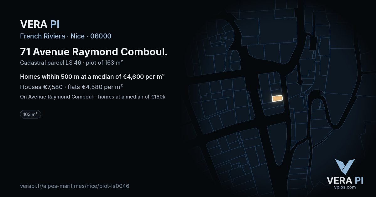 71 Avenue Raymond Comboul, Nice at night – the plot lit, the parcels around coloured by the prices near them