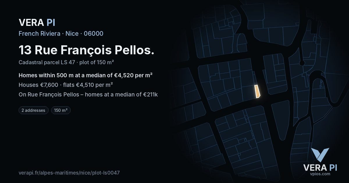 13 Rue François Pellos, Nice at night – the plot lit, the parcels around coloured by the prices near them