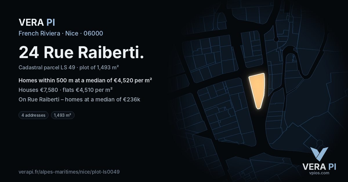 24 Rue Raiberti, Nice at night – the plot lit, the parcels around coloured by the prices near them