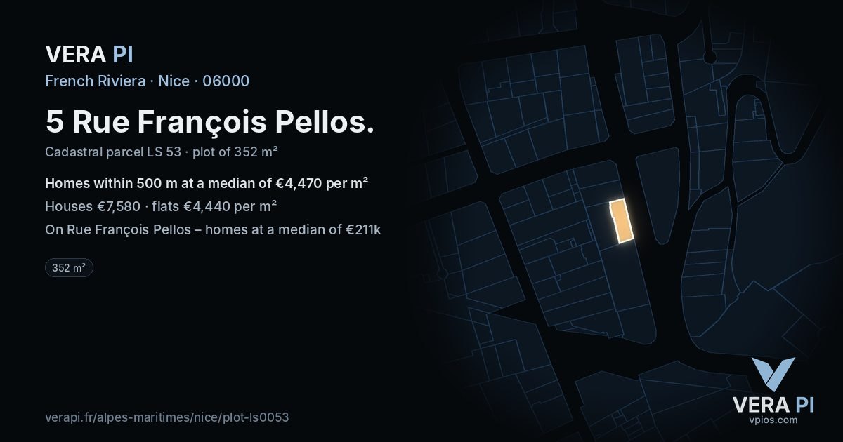 5 Rue François Pellos, Nice at night – the plot lit, the parcels around coloured by the prices near them
