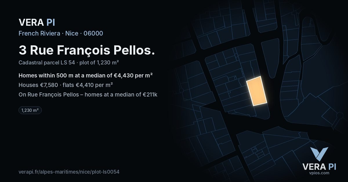 3 Rue François Pellos, Nice at night – the plot lit, the parcels around coloured by the prices near them