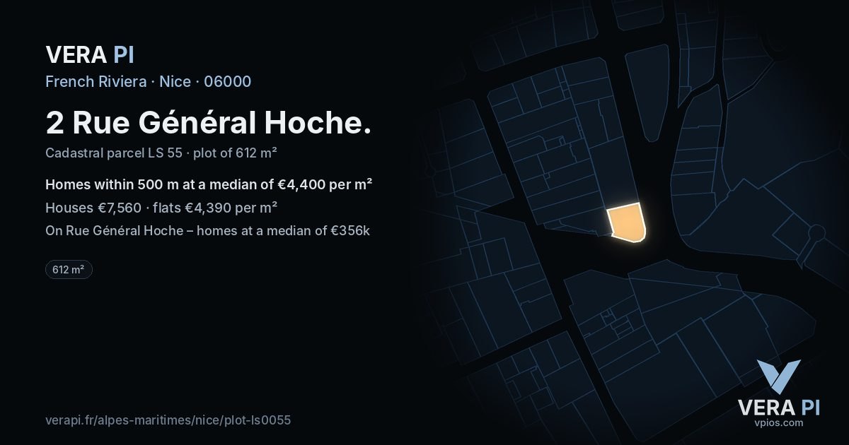 2 Rue Général Hoche, Nice at night – the plot lit, the parcels around coloured by the prices near them