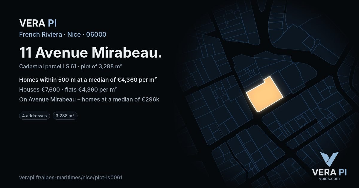 11 Avenue Mirabeau, Nice at night – the plot lit, the parcels around coloured by the prices near them