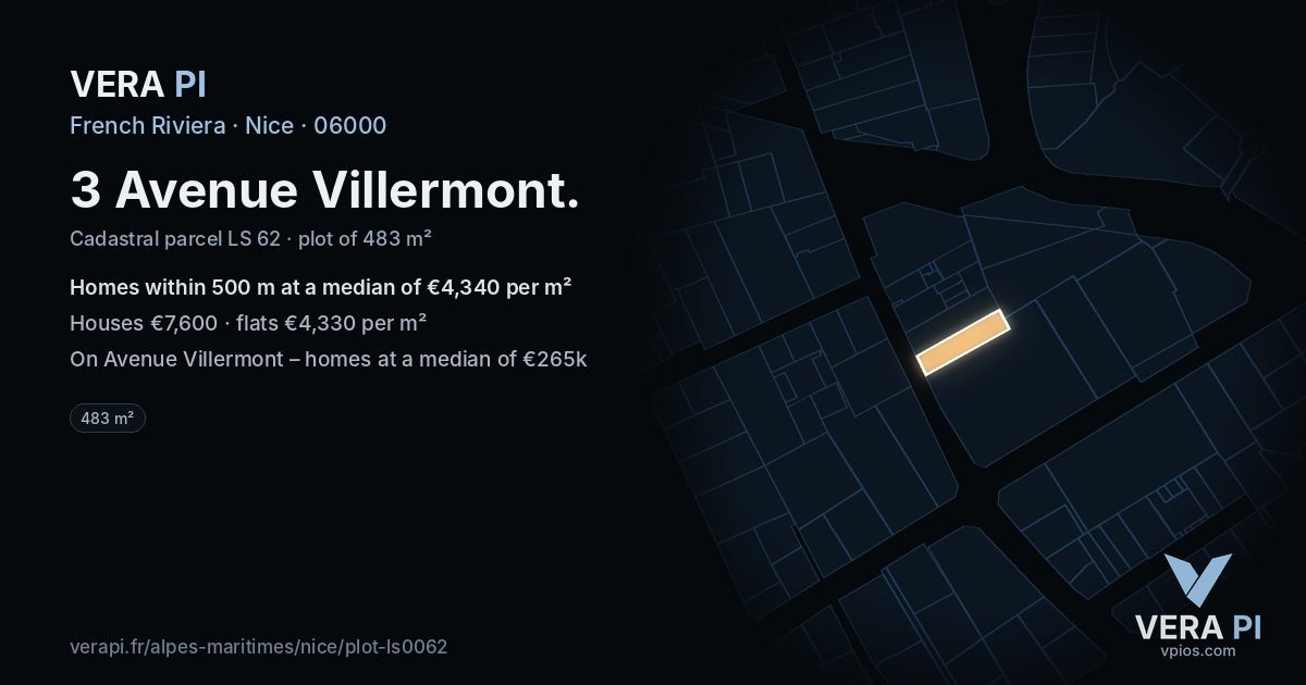 3 Avenue Villermont, Nice at night – the plot lit, the parcels around coloured by the prices near them