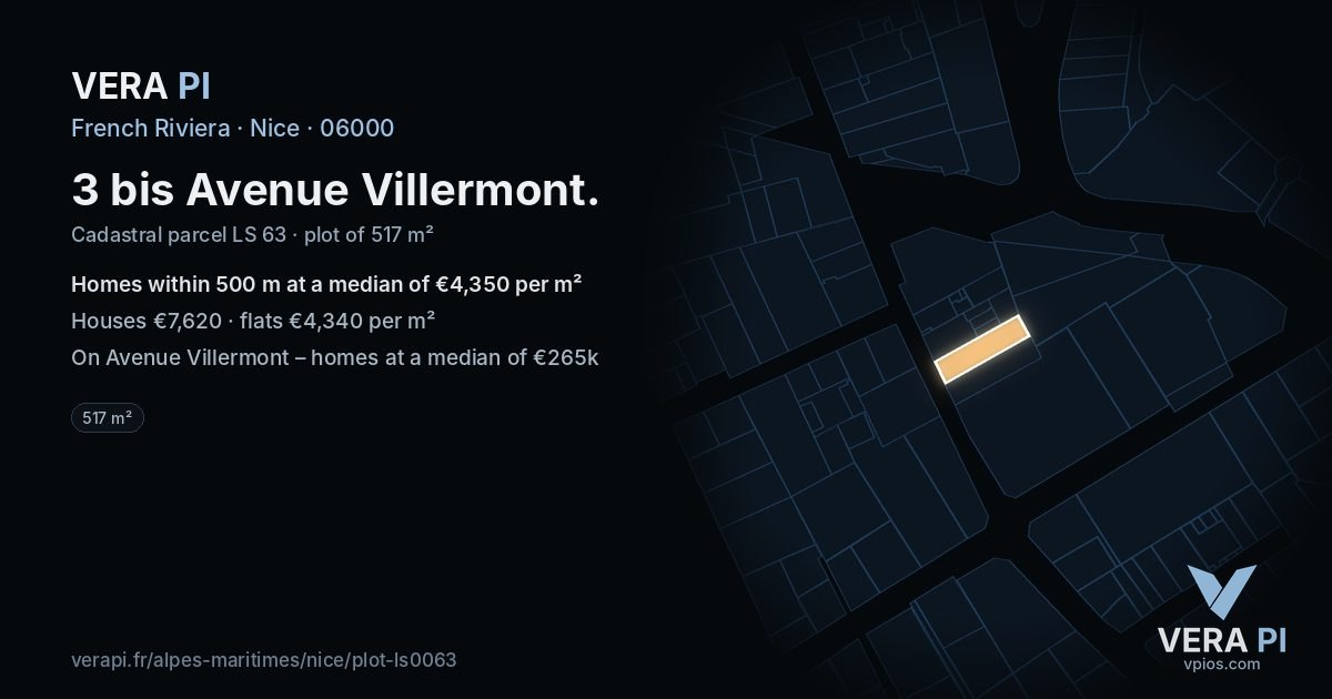 3 bis Avenue Villermont, Nice at night – the plot lit, the parcels around coloured by the prices near them