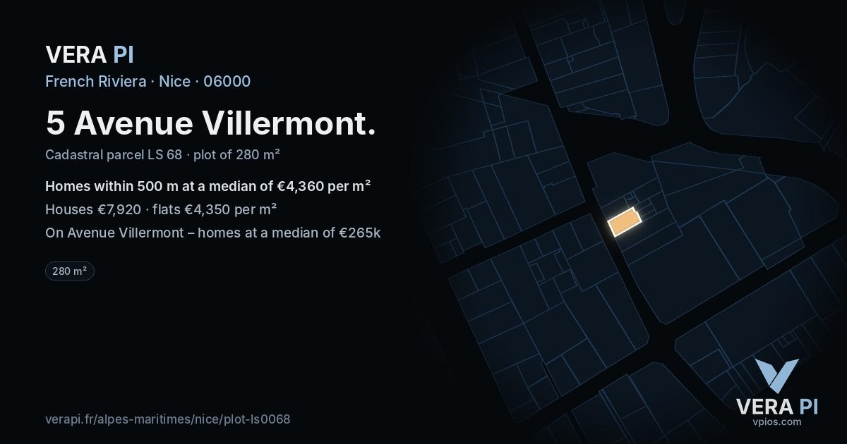 5 Avenue Villermont, Nice at night – the plot lit, the parcels around coloured by the prices near them
