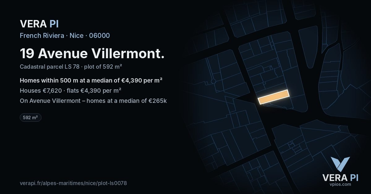 19 Avenue Villermont, Nice at night – the plot lit, the parcels around coloured by the prices near them