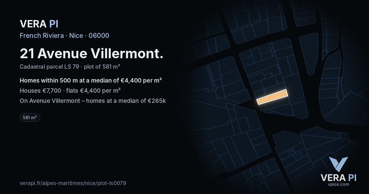 21 Avenue Villermont, Nice at night – the plot lit, the parcels around coloured by the prices near them
