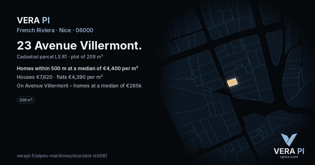 23 Avenue Villermont, Nice at night – the plot lit, the parcels around coloured by the prices near them