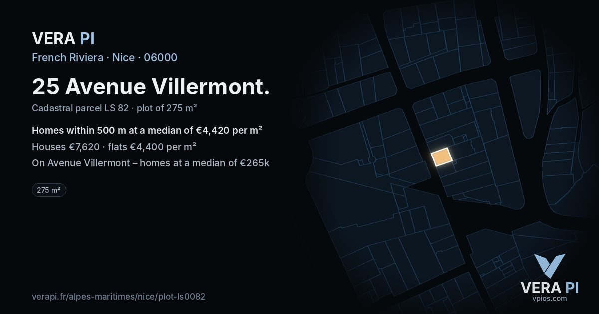 25 Avenue Villermont, Nice at night – the plot lit, the parcels around coloured by the prices near them