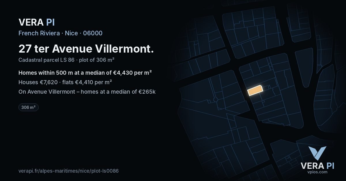 27 ter Avenue Villermont, Nice at night – the plot lit, the parcels around coloured by the prices near them