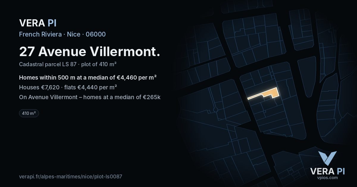 27 Avenue Villermont, Nice at night – the plot lit, the parcels around coloured by the prices near them