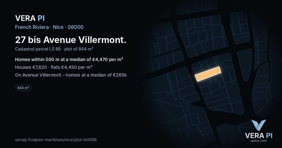 27 bis Avenue Villermont, Nice at night – the plot lit, the parcels around coloured by the prices near them
