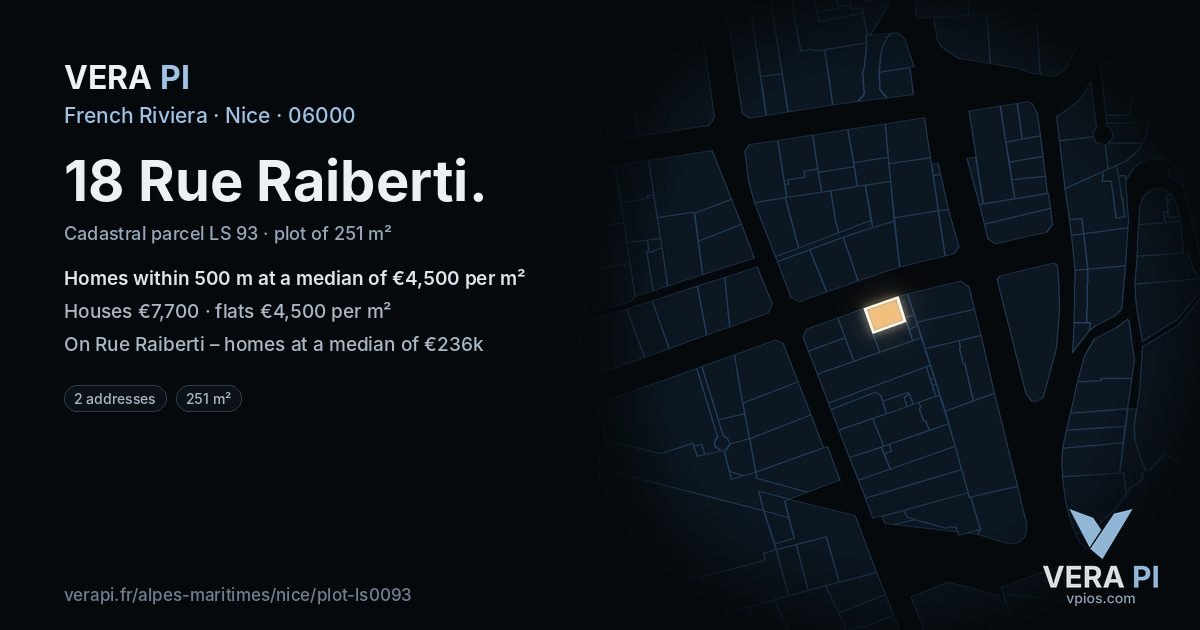 18 Rue Raiberti, Nice at night – the plot lit, the parcels around coloured by the prices near them