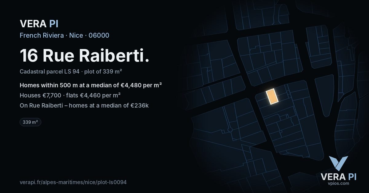 16 Rue Raiberti, Nice at night – the plot lit, the parcels around coloured by the prices near them