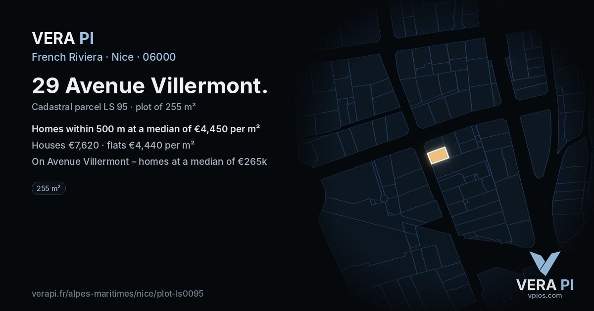 29 Avenue Villermont, Nice at night – the plot lit, the parcels around coloured by the prices near them