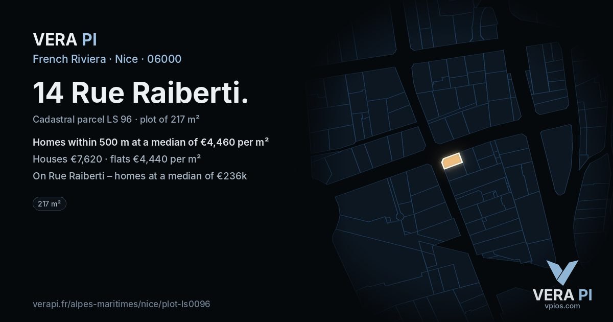 14 Rue Raiberti, Nice at night – the plot lit, the parcels around coloured by the prices near them