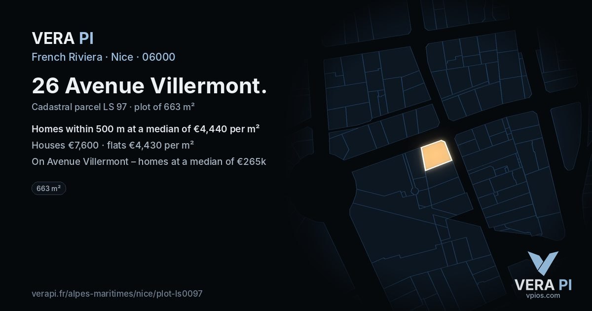 26 Avenue Villermont, Nice at night – the plot lit, the parcels around coloured by the prices near them
