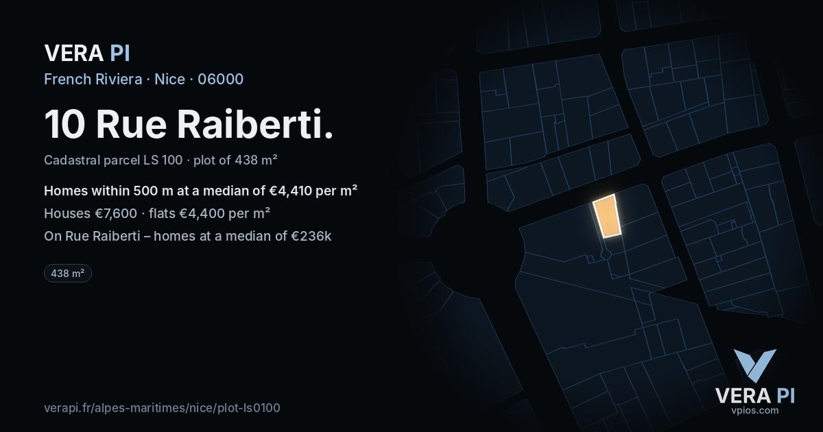 10 Rue Raiberti, Nice at night – the plot lit, the parcels around coloured by the prices near them