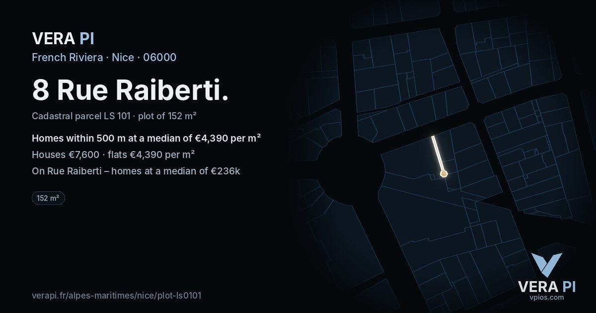 8 Rue Raiberti, Nice at night – the plot lit, the parcels around coloured by the prices near them