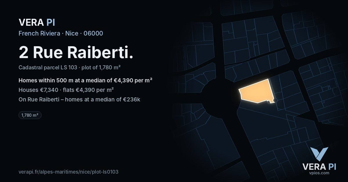 2 Rue Raiberti, Nice at night – the plot lit, the parcels around coloured by the prices near them