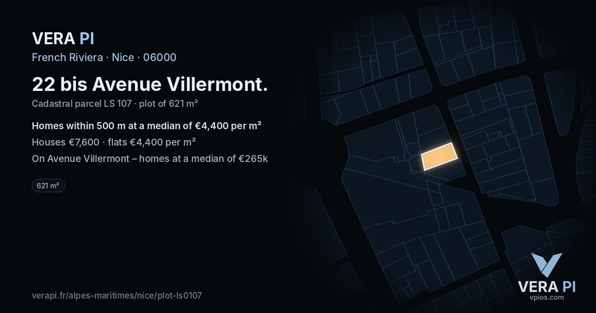 22 bis Avenue Villermont, Nice at night – the plot lit, the parcels around coloured by the prices near them
