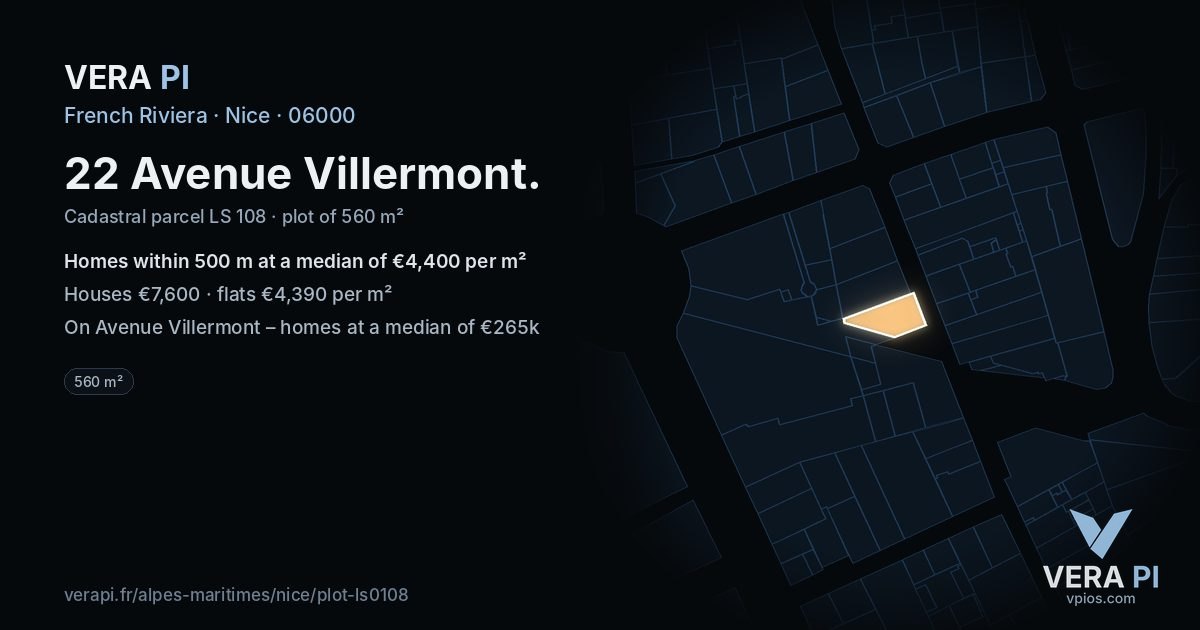 22 Avenue Villermont, Nice at night – the plot lit, the parcels around coloured by the prices near them