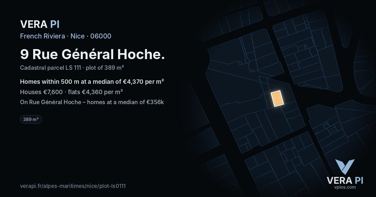 9 Rue Général Hoche, Nice at night – the plot lit, the parcels around coloured by the prices near them