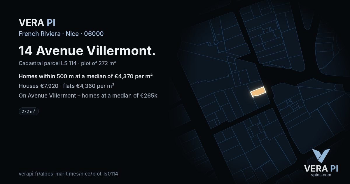 14 Avenue Villermont, Nice at night – the plot lit, the parcels around coloured by the prices near them