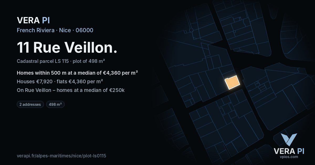 11 Rue Veillon, Nice at night – the plot lit, the parcels around coloured by the prices near them